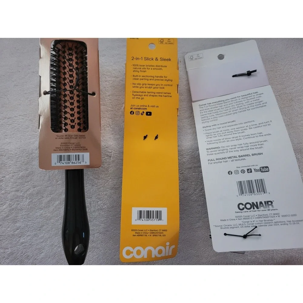 Conair Hair Brush Lot of 3 Quick Blow Dry 2-in-1 Slick & Sleek Style & Volumize